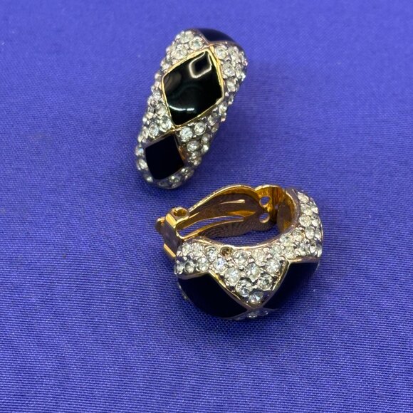 VTG Kenneth Lane Gold-Tone, Black Enamel & Clear Crystal Clip Earrings - Picture 8 of 16